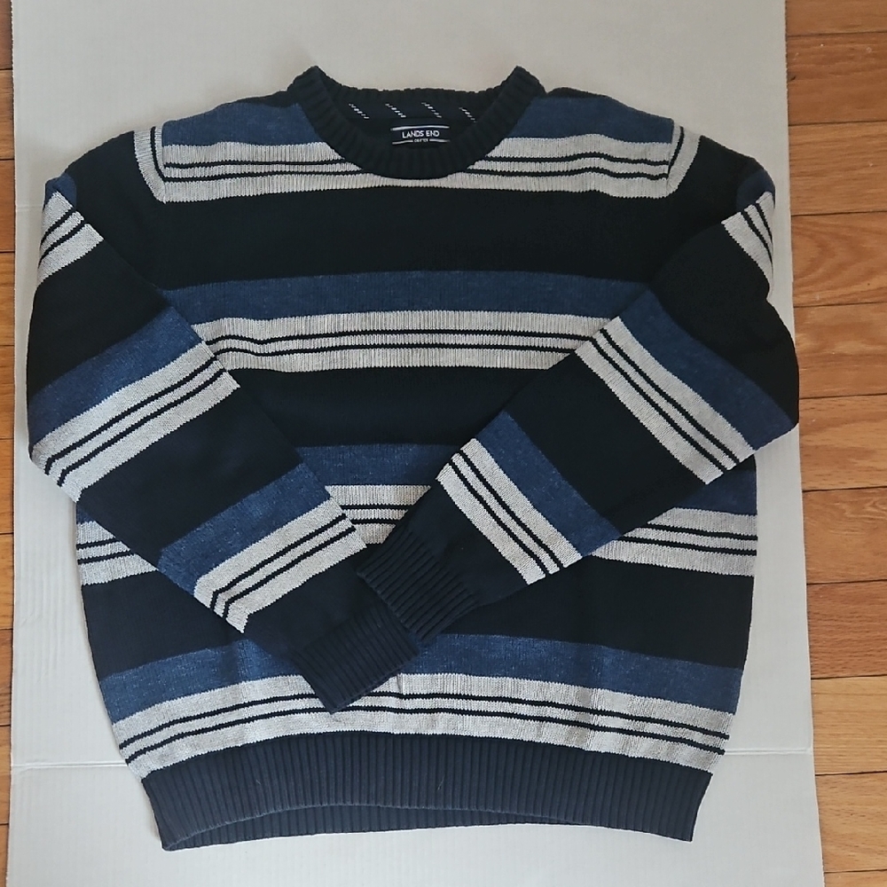 Lands' End Men's Crewneck Sweater - Navy and Gray Stripes